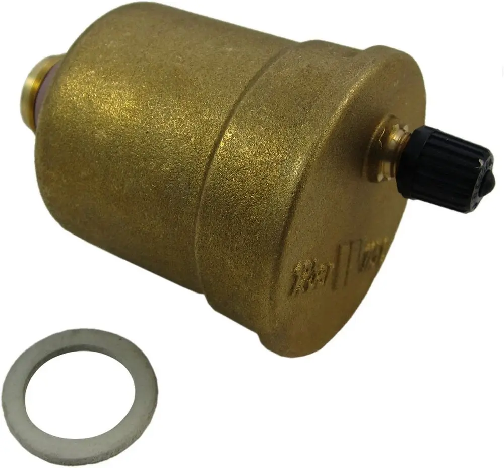 BOSCH Schnellentlüfter in zylindrischer Form mit einer goldfarbenen Oberfläche und einer schwarzen Einstellschraube, daneben eine Dichtung.